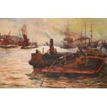 A. J. Barrett (20th century), a scene of barges and shipping on a busy river probably the Thames,