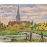 Faith Sheppard (1920-2008) British, A view of a cathedral spire from water meadows, oil on panel,