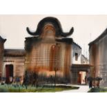 20th Century Chinese School, Study of a Temple, watercolour, indistinctly signed, 22" x 30".