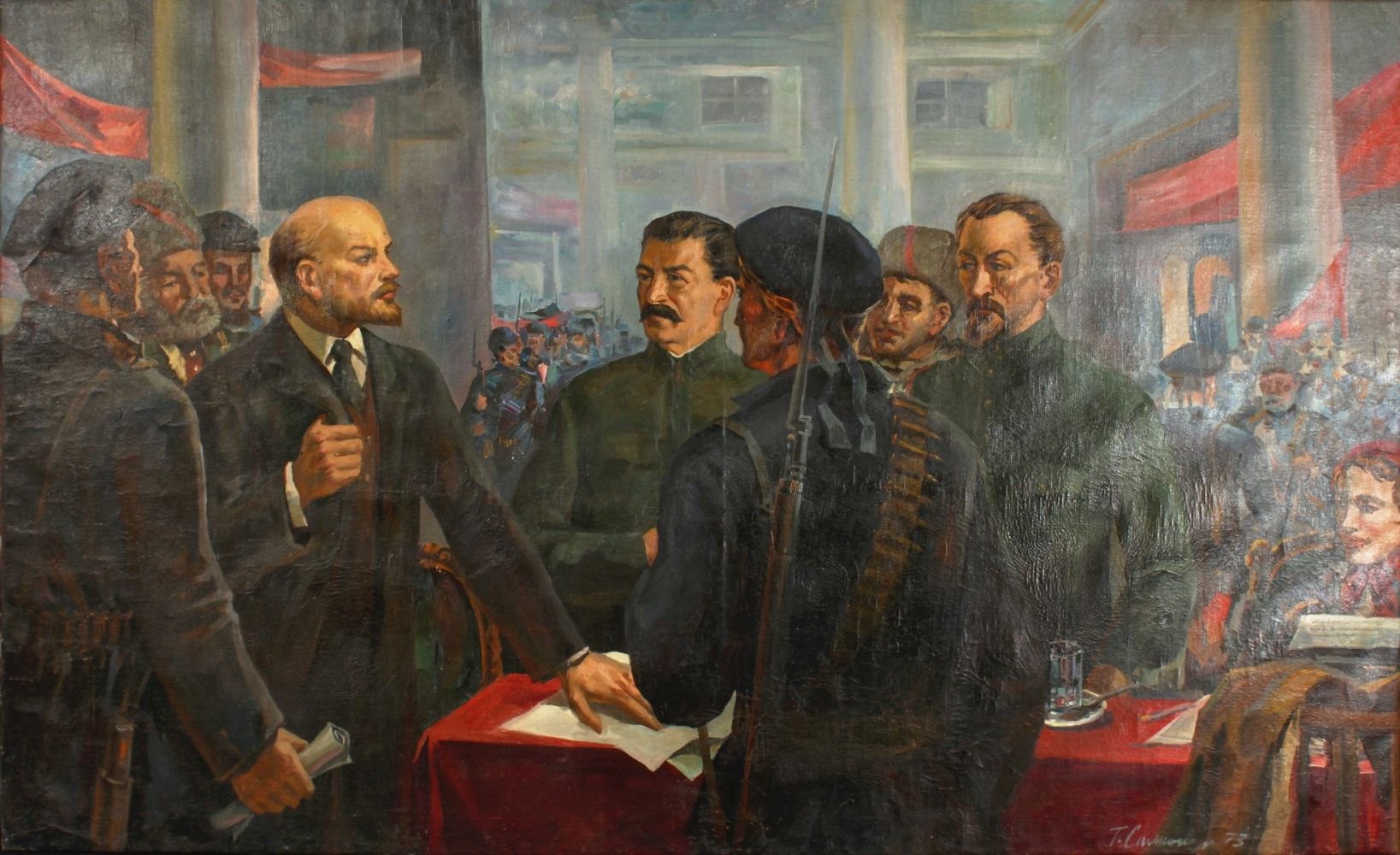 20th Century Russian School. A Scene of Lenin Commanding his Officers with a Clerk taking Notes, Oil