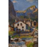 20th century Continental school, An impressionist study of an alpine valley with houses, oil on