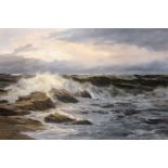 Edgar Fryberg (b.1927) German, a scene of waves breaking over a rocky coastline, oil on canvas,