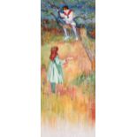 Early 20th century, young boy in a tree with a girl collecting apples, watercolour 16" x 6".