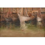 Early 20th century, boats in a continental harbour, oil on canvas, 8" x 12".