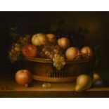 R. Casper (20th century), A still life of mixed fruit in a wire basket, oil on panel, signed, 8" x