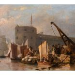 Attributed to William Anderson (1757-1837. Figures unloading a barge, canvas laid down on oak panel,