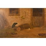 19th century English school, A farmyard scene with two birds, oil on panel, 12" x 18".