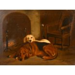 19th century English school, a study of two dogs by a fire, oil on canvas, 12" x 16".