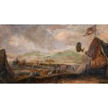 19th century school, possibly American, an encampment, oil on oak panel, 3.5" x 6".