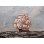 20th century British school, a view of a clipper at full sail rounding a chalky headland, oil on