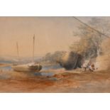 William Williams of Plymouth (1808-1895). Mending the Boats, Watercolour, Signed, 7" x 10".