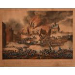 A 19th century print of 'The Interior of Hougoumont', A battle scene, in verre eglomise frame, 11" x