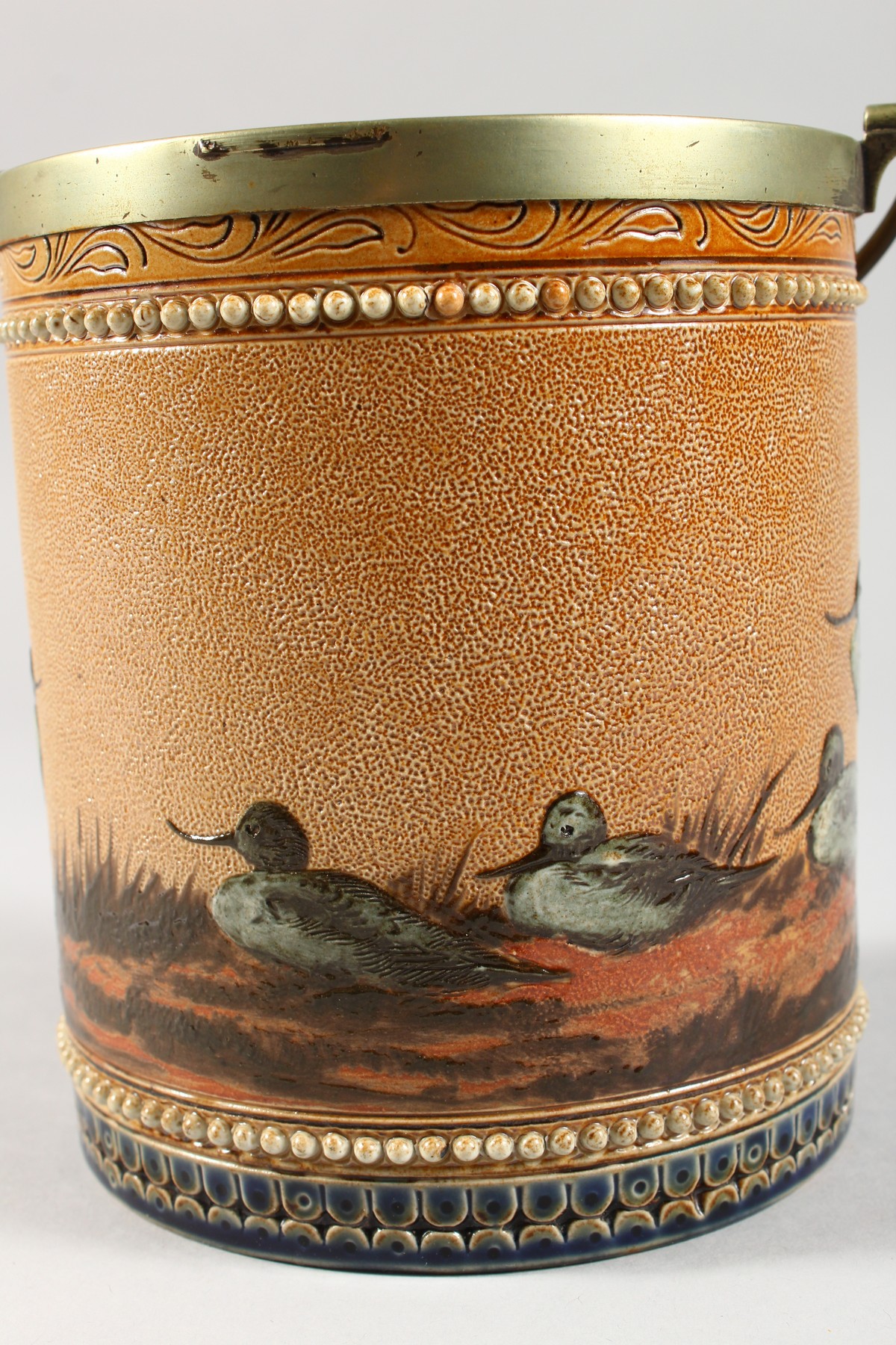 A GOOD DOULTON LAMBETH STONEWARE BISCUIT BARREL by FLORENCE E. BARLOW painted with birds. Maker F. - Image 5 of 13