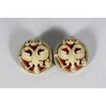 A PAIR OF RUSSIAN SILVER AND ENAMEL EAGLE CUFFLINKS. Stamped 88 and FABERGE MARK. 37gms.