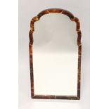 A GOOD TORTOISESHELL MIRROR with shaped top and mirrored panel. 22ins high x 11ins wide.