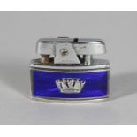 A SMALL RONSON BLUE ENAMEL PETROL LIGHTER. 1.75ins wide.