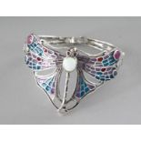 AN ART DECO DESIGN SILVER, OPAL AND SAPPHIRE DRAGONFLY BRACELET.