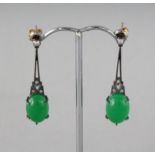 A PAIR OF 9CT GOLD AND SILVER SET JADE AND DIAMOND DROP EARRINGS.