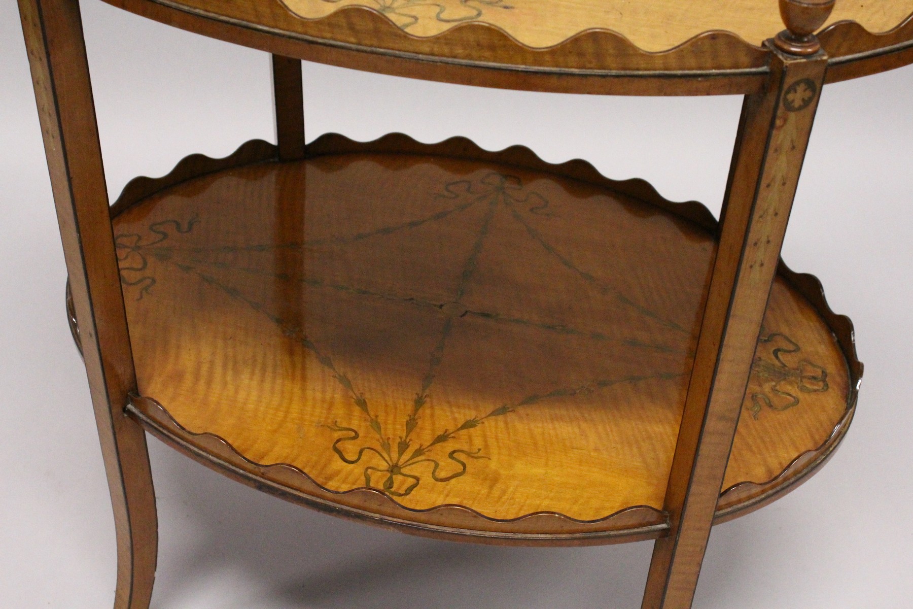 A GOOD SHERATON REVIVAL SATINWOOD AND MARQUETRY TWO TIER OVAL ETAGERE, the galleried top and - Image 3 of 4
