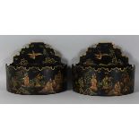 A PAIR OF TOLEWARE BLACK PLANTERS. 11ins.