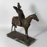 BACQUE A LARGE BRONZE OF AN INDIAN ON A HORSE on a marble base. Signed. 16ins high.