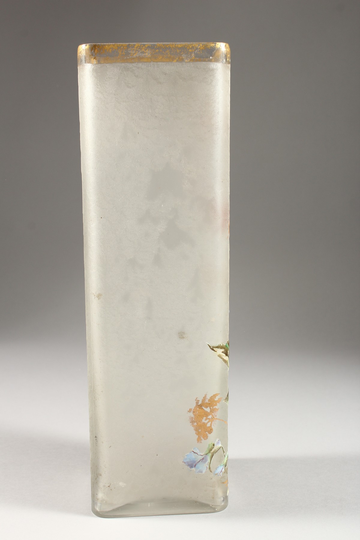 A FRENCH OPAQUE SQUARE SHAPED GLASS VASE painted with flowers. 11.75ins high. - Image 4 of 5