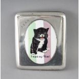 A PLAIN SILVER CIGARETTE CASE, Birmingham 1908, with an oval of a Suffragette Cat "I Want My Vote".