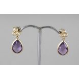 A PAIR OF 18CT GOLD, AMETHYST AND DIAMOND DROP EARRINGS.