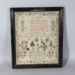 A GEORGE III FRAMED SAMPLER, "Margaret Wogesher", worked March 6th 1771, aged 10 years. 15ins x