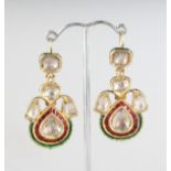 A GOOD PAIR OF INDIAN 18CT GOLD, DIAMOND AND ENAMEL EARRINGS.