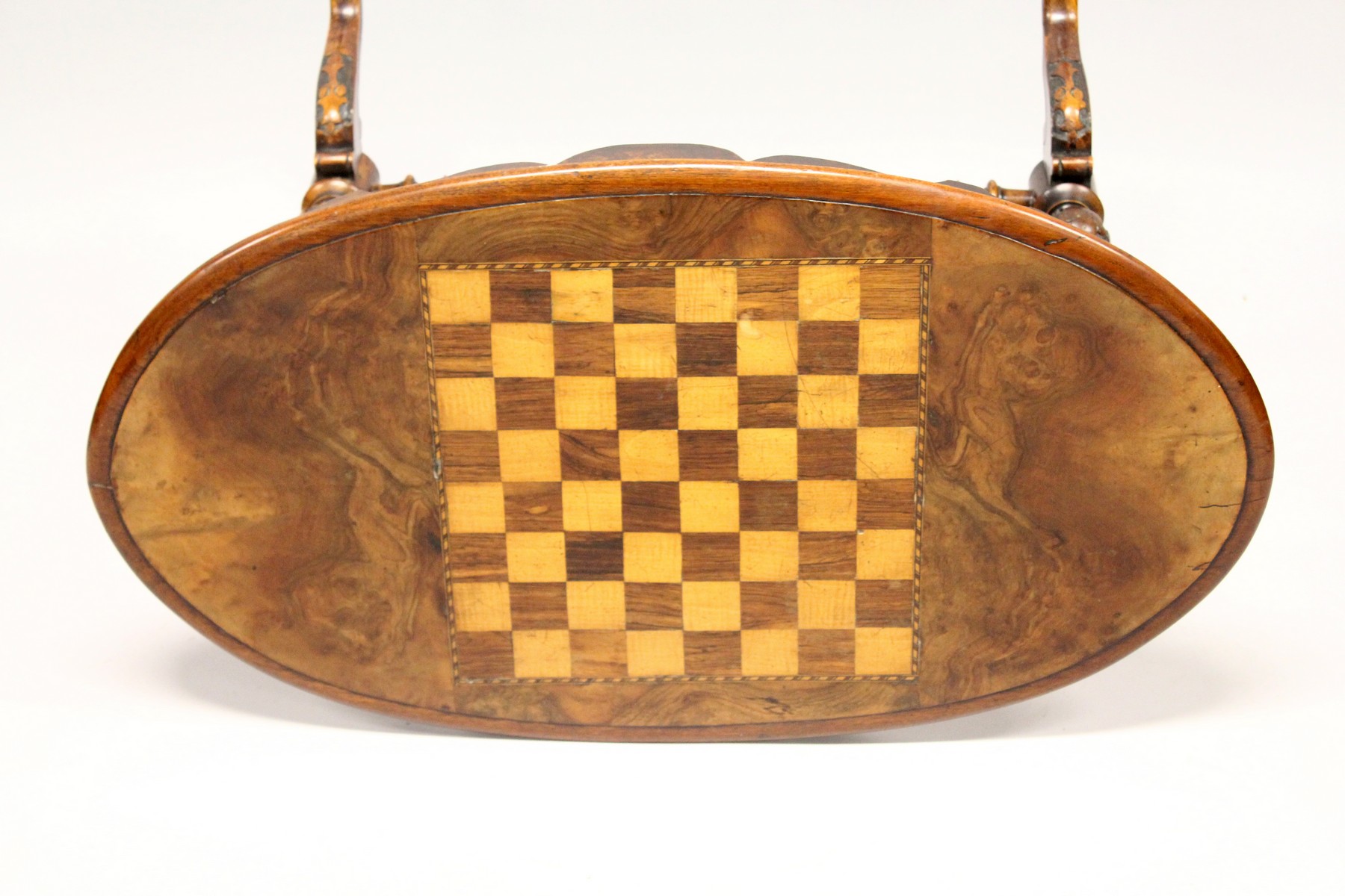 A VICTORIAN BURR WALNUT OVAL STRETCHER TABLE, the top inlaid with a games board. 3ft 1.5ins long x - Image 2 of 5