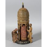 A VIENNA COLD PAINTED BRONZE TOWER with two men and a nude. 12ins high.