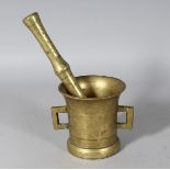 A 19TH CENTURY BRASS PESTLE AND MORTAR, with square shaped handles. Mortar: 4.5ins high.