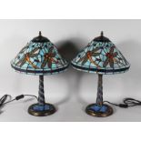 A GOOD PAIR OF TIFFANY DESIGN BLUE DRAGONFLY LAMPS. 22ins high.