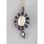 A 9CT GOLD, SILVER SET, MOONSTONE, AMETHYST AND DIAMOND NECKLACE.