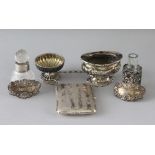 A MIXED LOT, two salts, wine label, scent bottle and stopper, glass scent bottle, and A PLATED PURSE