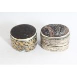 TWO SILVER AND HARDSTONE SNUFF BOXES.