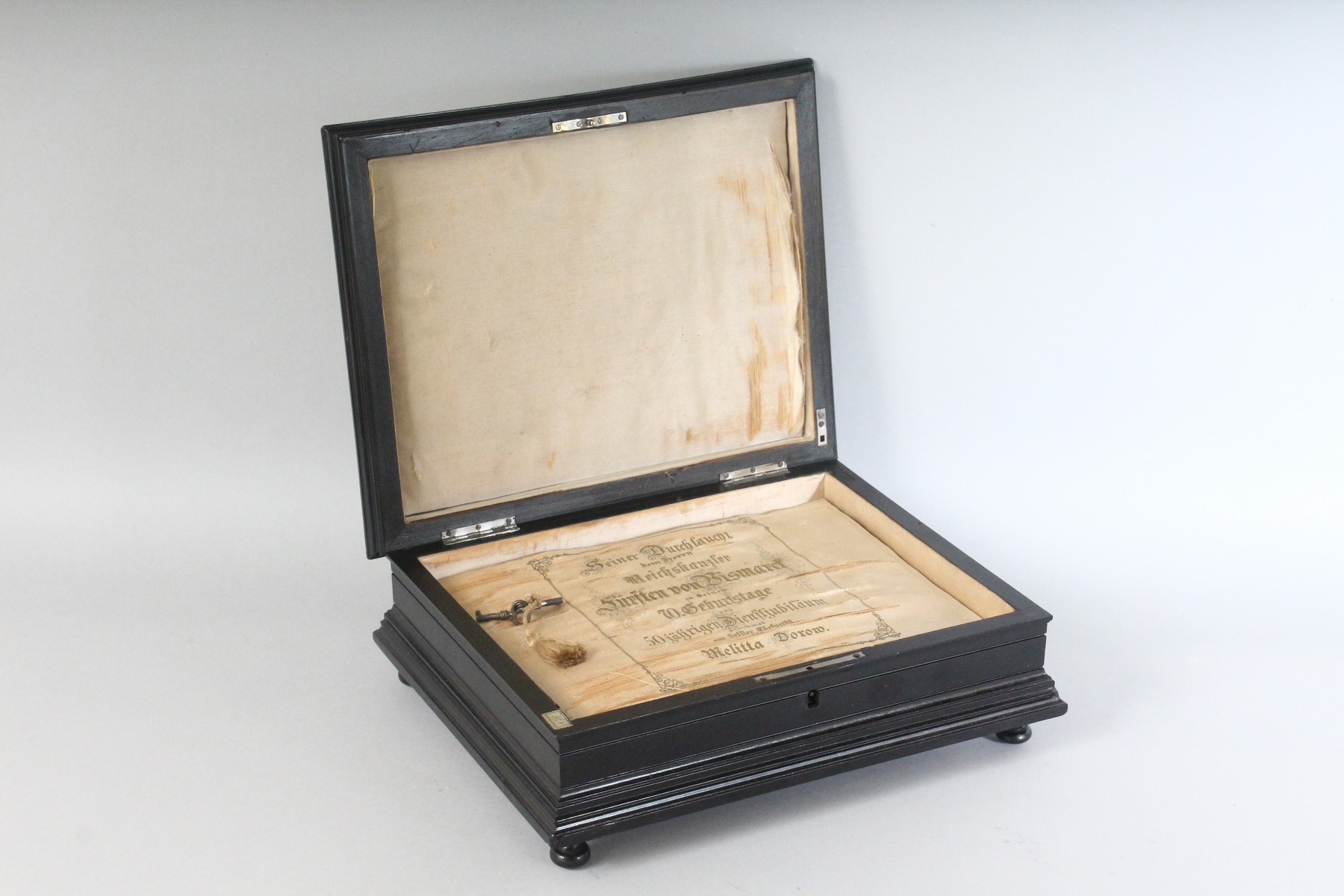 A GERMAN EBONY JEWELLERY BOX, the top with an inset brass plaque, signed C. Rohlins 1880, engraved - Image 2 of 6