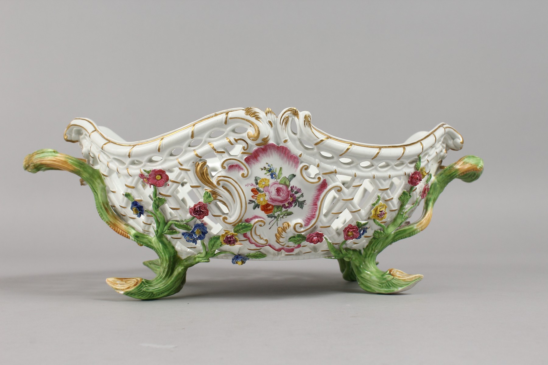 A GOOD MEISSEN OVAL PIERCED TWO-HANDLED BASKET, painted and encrusted with flowers with rustic - Image 3 of 11