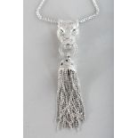 A GOOD CARTIER STYLE SILVER PANTHER TASSEL NECKLACE.
