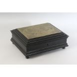 A GERMAN EBONY JEWELLERY BOX, the top with an inset brass plaque, signed C. Rohlins 1880, engraved
