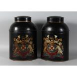 A PAIR OF TOLEWARE BLACK TEA TINS. 14ins high.