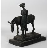 AN ABSTRACT BRONZE GIRL WITH DONKEY on a marble base. 13ins high.