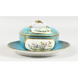 A SEVRES STYLE PALE BLUE GROUND OVAL PORCELAIN BOX, COVER AND STAND, LATE 19TH CENTURY, painted with