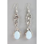 A PAIR OF SILVER MOONSTONE DROP EARRINGS.