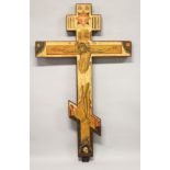 A LARGE RUSSIAN ORTHODOX PAINTED WOODEN DOUBLE SIDED THREE BAR CROSS. 6ft long.