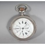 A SUPERB GENTLEMAN'S SILVER CHRONOGRAPH REPEATER POCKET WATCH. 2.25ins diameter.