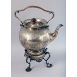 A VICTORIAN ENGRAVED SPIRIT KETTLE ON STAND. Maker H & H.