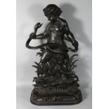 A GOOD LATE 19TH CENTURY CAST IRON STICK STAND, of classical form, cast as a young man wrestling