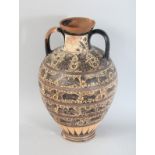 AFTER THE ANTIQUE A TWO-HANDLED EASTERN POTTERY VASE. 13.5ins high.